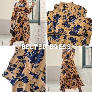 Plus Floral Print Bishop Sleeve Mock Neck Belted Dress